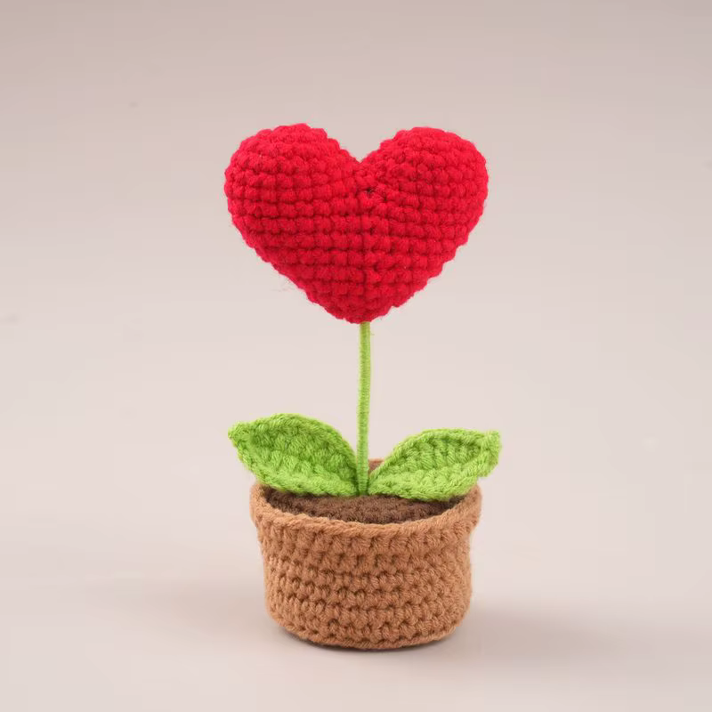 Pot de fleurs tricoté à la main en forme de cœur rouge, plante en pot d'imitation, cadeau de noël, s