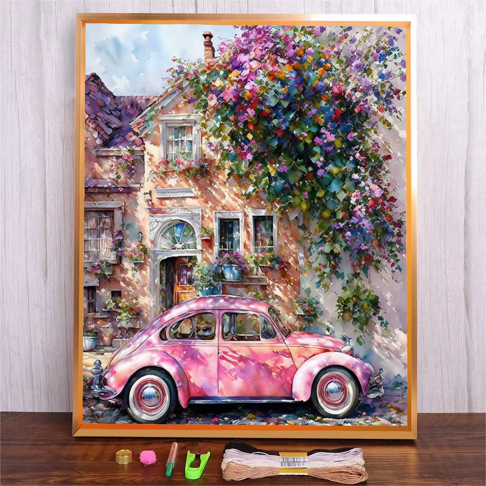 Maison de fleurs bricolage paquet de broderie adultes artisanat rose voiture imprimé couture tricot 