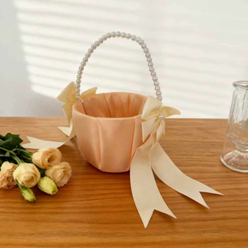 Panier à fleurs avec poignée en perles, satin blanc, style rustique occidental, nœud papillon, panie