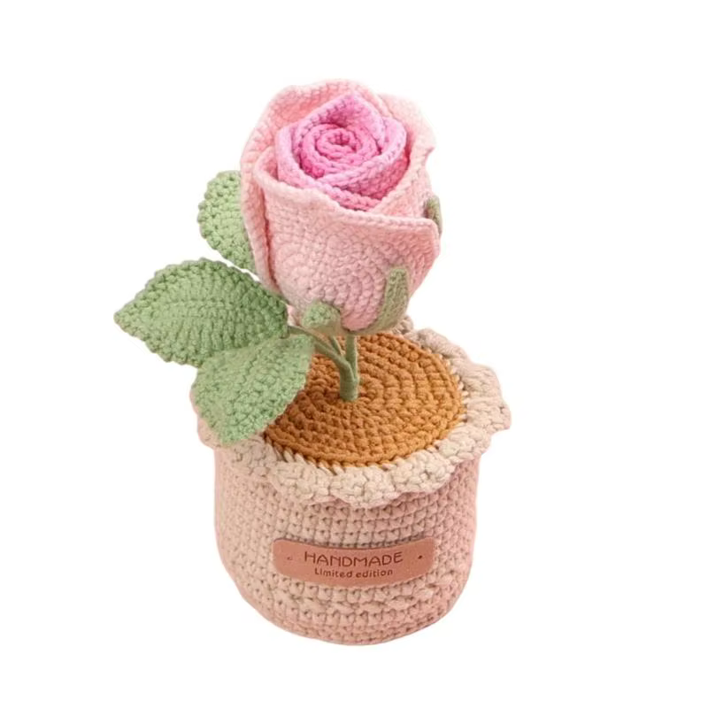 Arrangement fleurs roses Crochet, avec Vase tricoté, ornement plante en pot, pièce maîtresse Table é