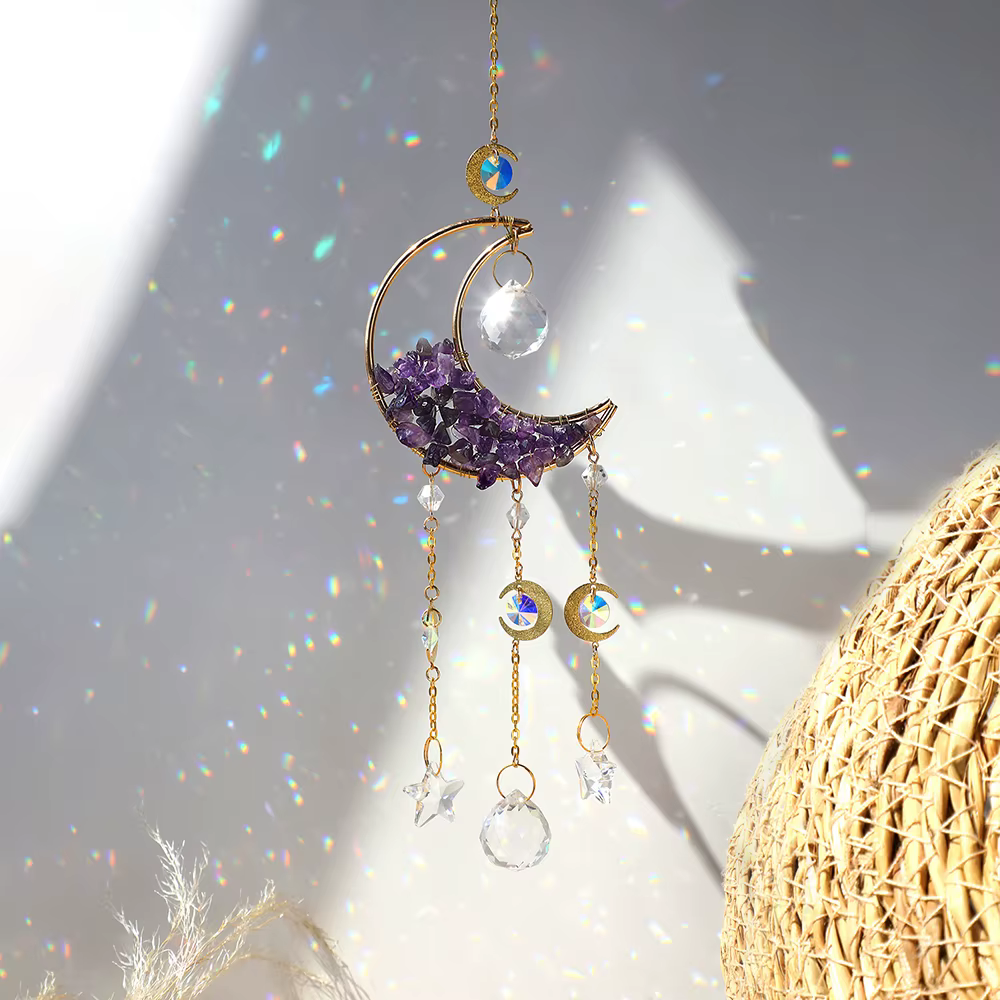 Améthyste Suncatcher lune cristal pierre précieuse Windchime Sun Catcher décor à la maison arc-en-ci
