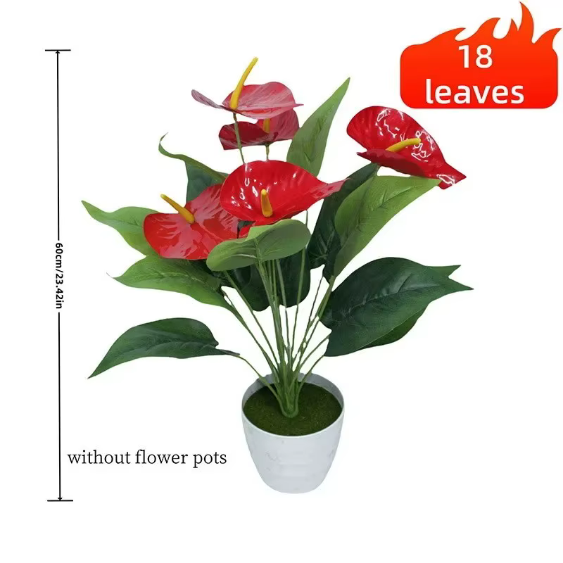 Plante artificielle Anthurium de qualité supérieure à 18 têtes, 60 cm, rouge et verte, en plastique,