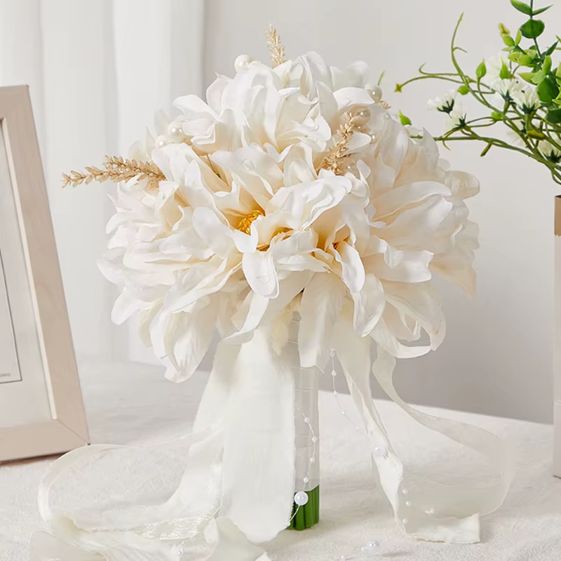 Bouquet artificiel de dahlias pour la mariée, décoré d'épis de blé et de perles, avec des guirlandes