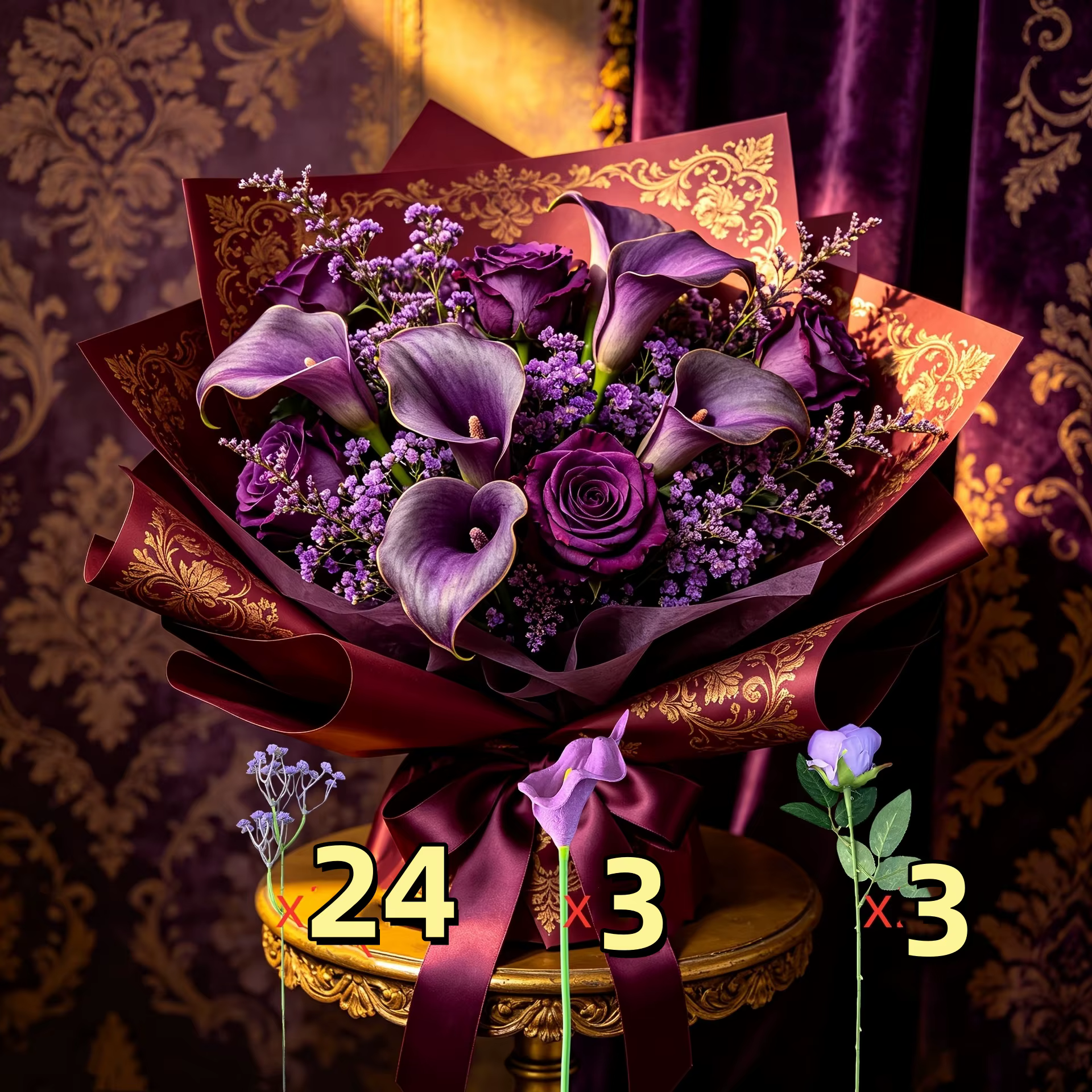 Ensemble de 30 fleurs artificielles de haute qualité, composé de lys calla violets, gypsophile et ro
