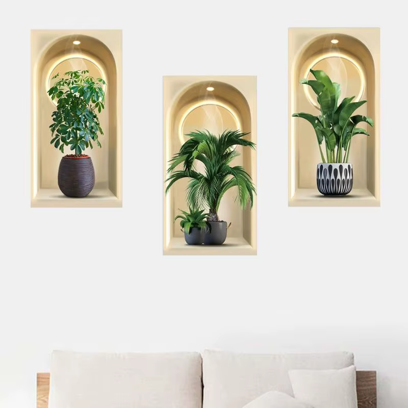 Autocollants muraux de plantes aquarelle 3D, décor de plantes en pot, feuilles de vigne auto-adhésiv