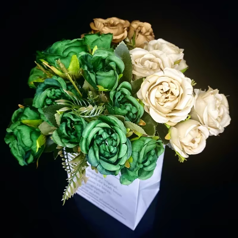 Vintage 8 têtes fleurs artificielles soies pivoine vert Rose pour décorations faux Fower mariage bur