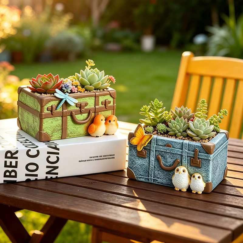 Pot à succulentes en résine style coffre antique avec détails d'oiseaux et de papillons