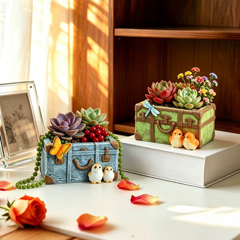 Pot à succulentes en résine style coffre antique avec détails d'oiseaux et de papillons