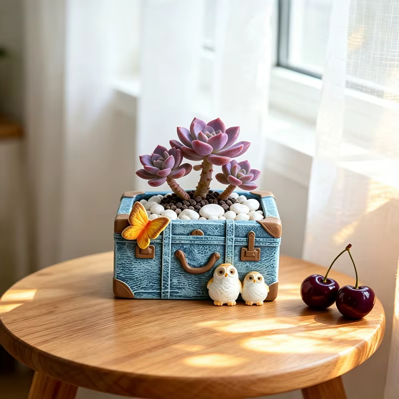 Pot à succulentes en résine style coffre antique avec détails d'oiseaux et de papillons