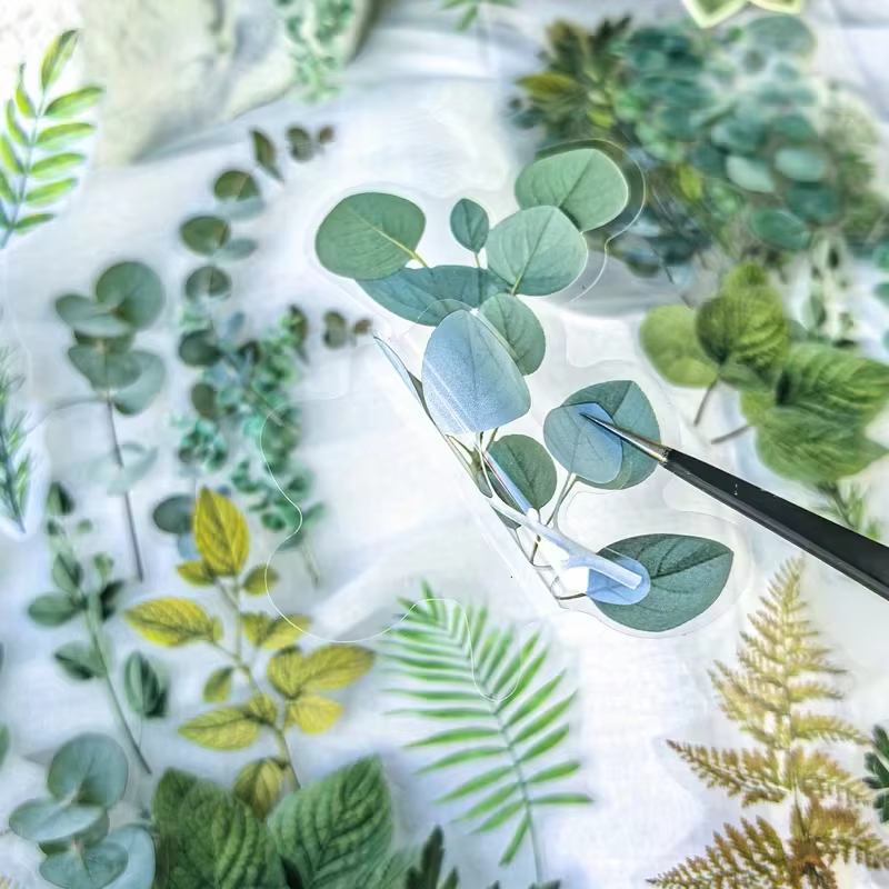 1 paquet de 40 autocollants décoratifs en PET en forme de feuilles de plantes vertes pour scrapbooking