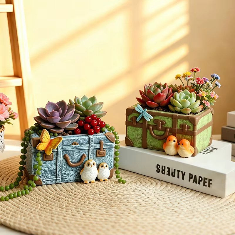 Pot à succulentes en résine style coffre antique avec détails d'oiseaux et de papillons