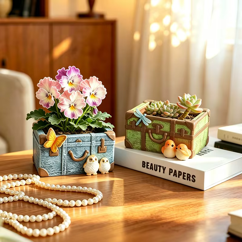 Pot à succulentes en résine style coffre antique avec détails d'oiseaux et de papillons