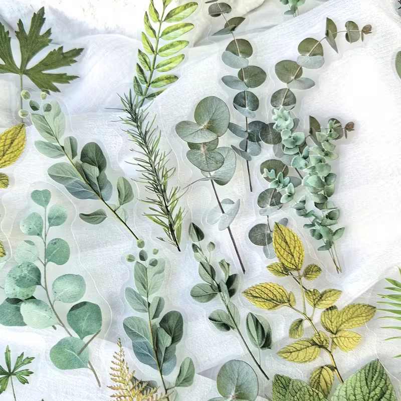 1 paquet de 40 autocollants décoratifs en PET en forme de feuilles de plantes vertes pour scrapbooking