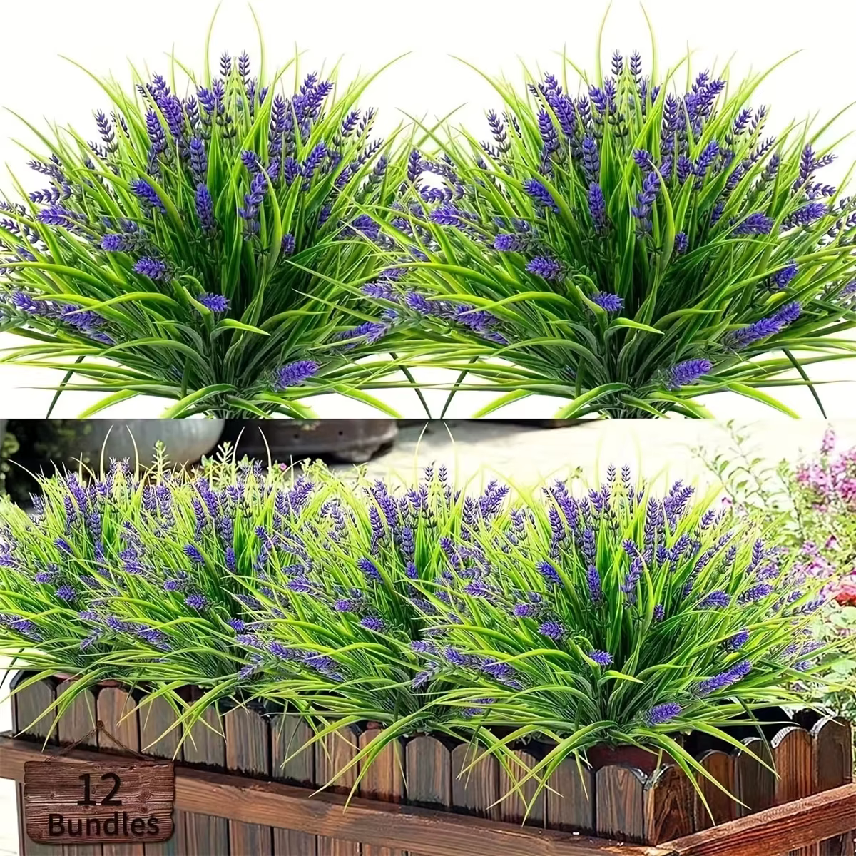12 paquets de plantes de lavande artificielles d'extérieur avec herbe de singe-arbustes verts en plastique résistant aux UV pour la décoration de jardin de la maison