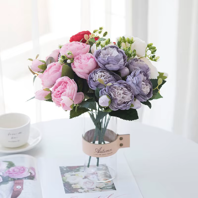 1 Bouquet de 9 Têtes de Fleurs Artificielles en Soie (Pivoine