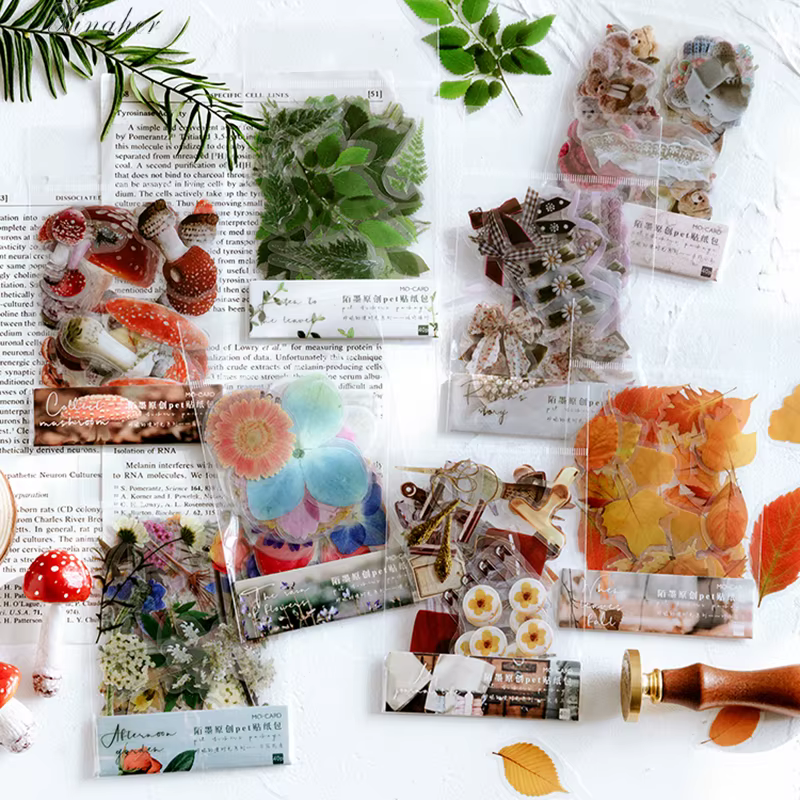 40 pièces/sac Vintage Ginkgo feuilles fleurs PET autocollant paquet bricolage journal décoration