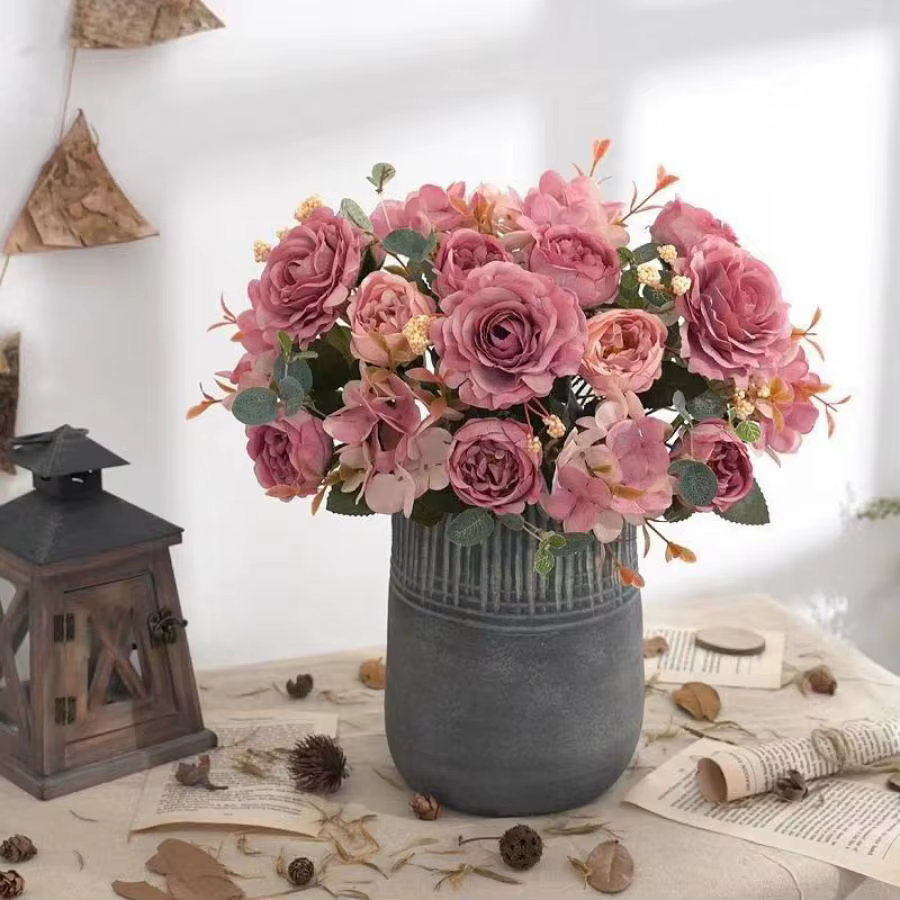 Bouquet de roses artificielles rétro en soie