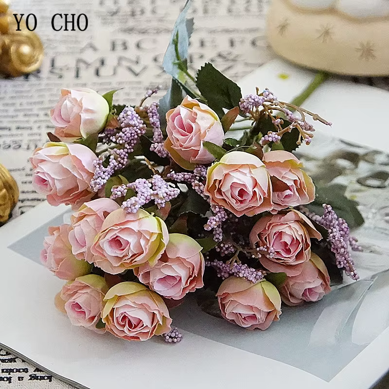 YO CHO Artificielle Soie Rose Fleur pour Fille Mariage Mini Bouquet DIY Home Party Décoration 15 Têtes Champagne Bleu