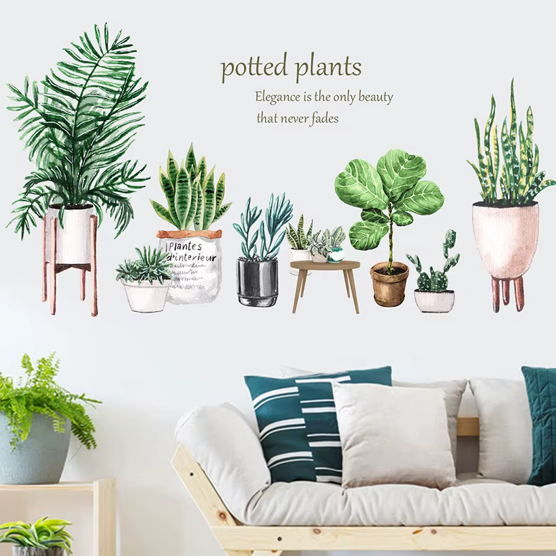 Autocollant mural amovible motif cactus en pot pour plinthe