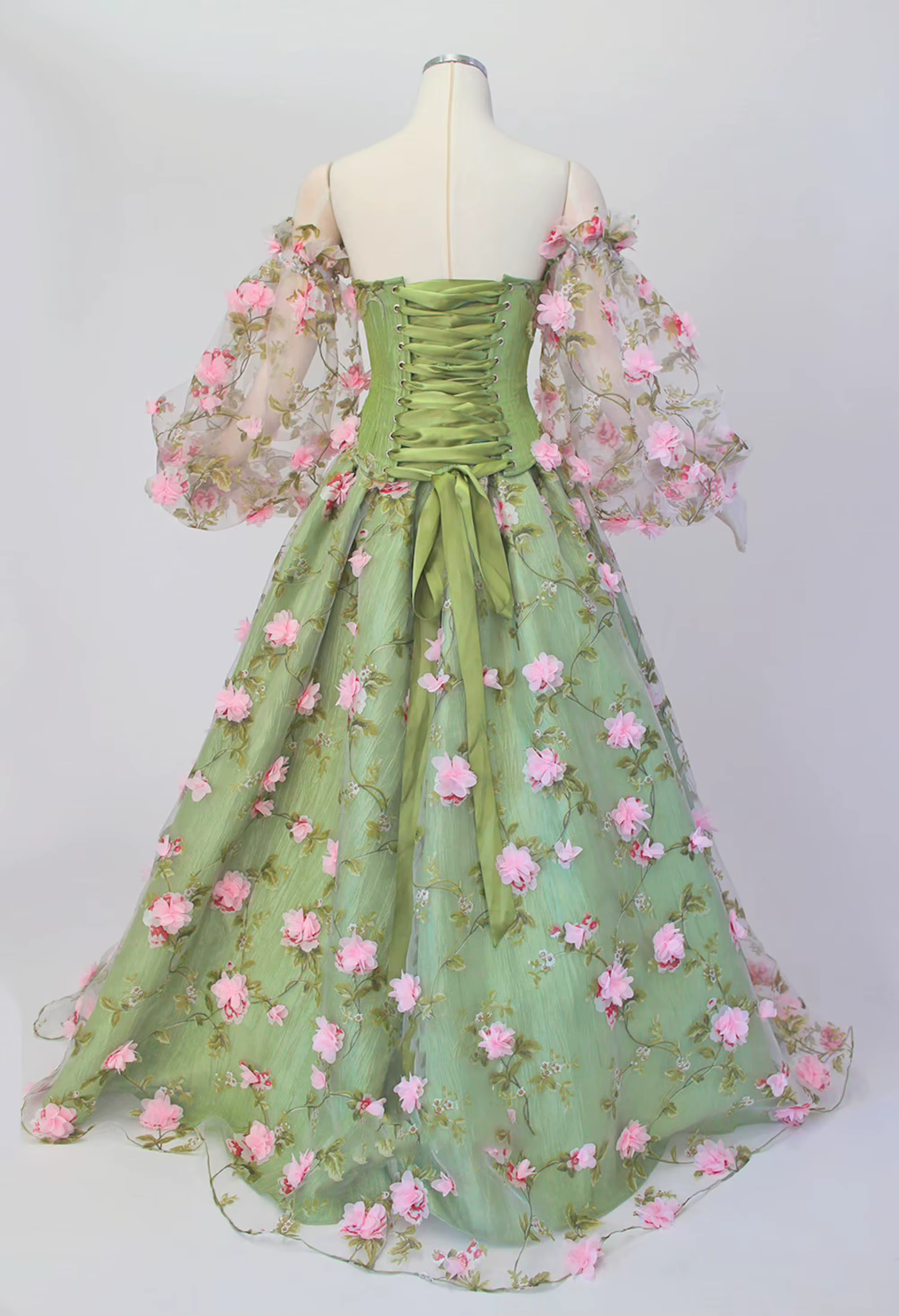EVER AZOLE-Robe de soirée transparente sans étoiles, verte, élégante, motif floral, superposée, avec des appliques de fleurs, manches longues