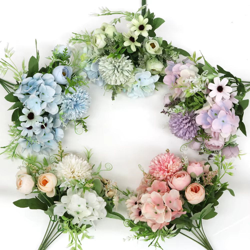 Offre spéciale 1 pièce de fleurs mélangées multicolores belle fleur artificielle rose hortensia soie faux bouquet pour la décoration de mariage en famille
