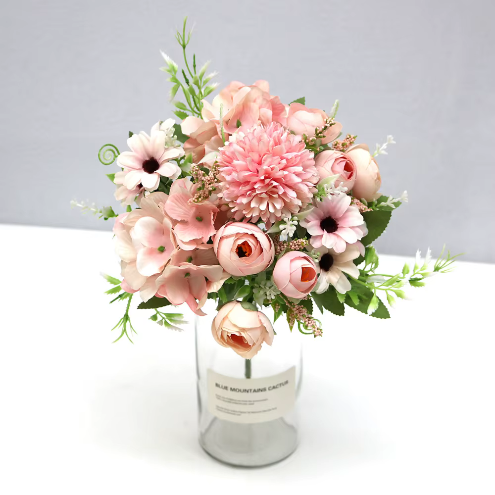 Offre spéciale 1 pièce de fleurs mélangées multicolores belle fleur artificielle rose hortensia soie faux bouquet pour la décoration de mariage en famille