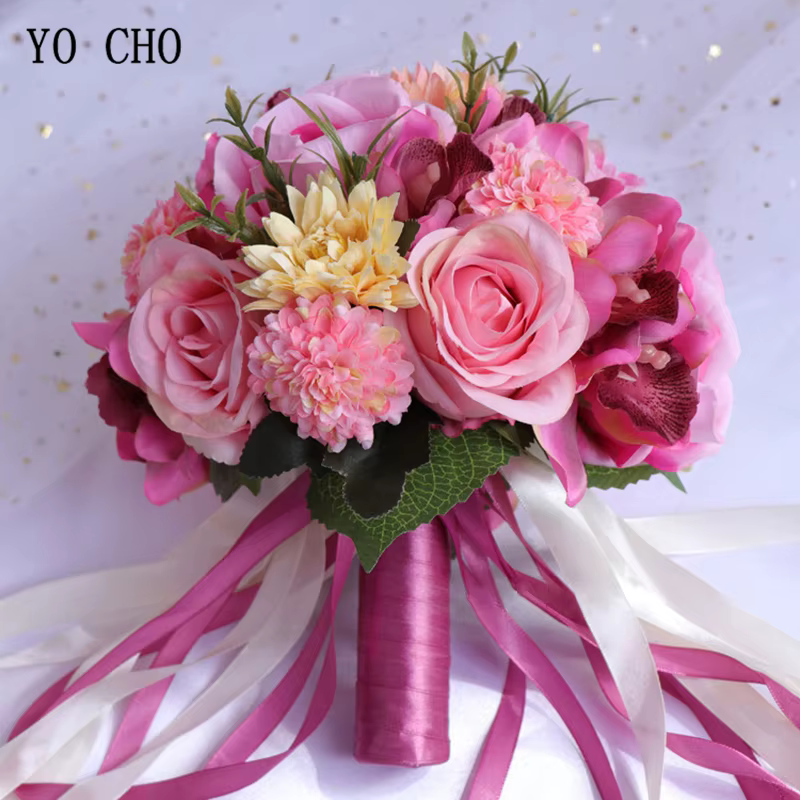 YO CHO Bouquet de fleurs de mariée fournitures de mariage artificielle soie Rose pivoine fleur Bouquet de mariage Dahlia orchidée Bouquets de qualité