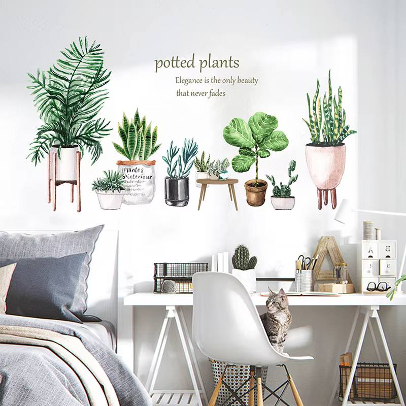 Autocollant mural amovible motif cactus en pot pour plinthe