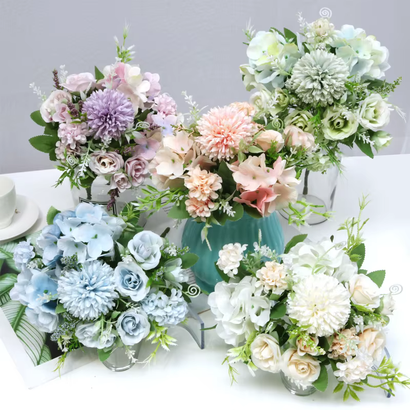 Offre spéciale 1 pièce de fleurs mélangées multicolores belle fleur artificielle rose hortensia soie faux bouquet pour la décoration de mariage en famille