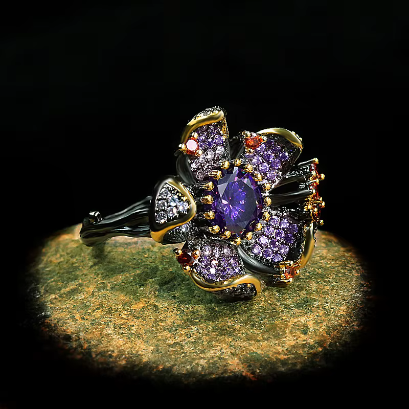 Bague en argent 925 pour femmes, Unique, noir, or, en forme de fleur, Zircon violet, brillant, bijoux élégants, chaîne de pull de fête