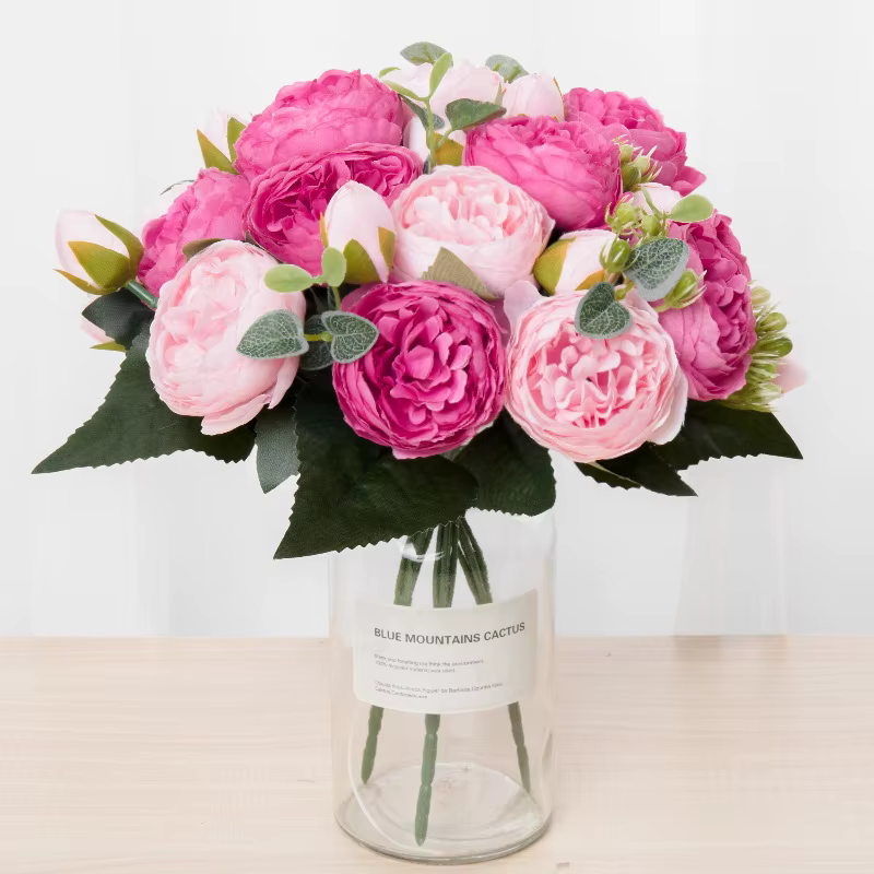 1 Bouquet de 9 Têtes de Fleurs Artificielles en Soie (Pivoine