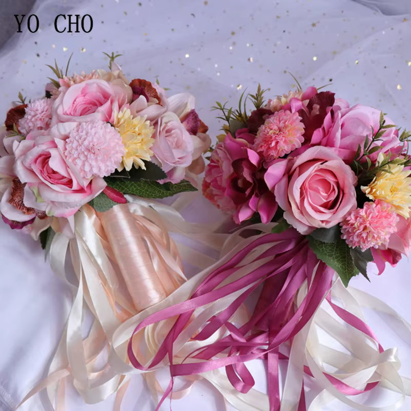 YO CHO Bouquet de fleurs de mariée fournitures de mariage artificielle soie Rose pivoine fleur Bouquet de mariage Dahlia orchidée Bouquets de qualité