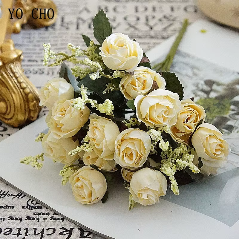 YO CHO Artificielle Soie Rose Fleur pour Fille Mariage Mini Bouquet DIY Home Party Décoration 15 Têtes Champagne Bleu