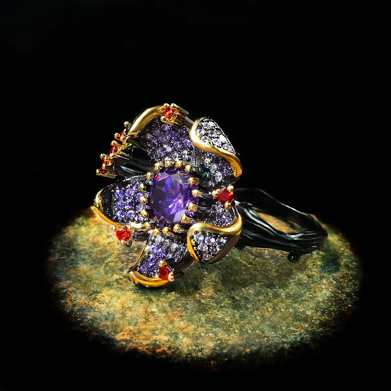 Bague en argent 925 pour femmes, Unique, noir, or, en forme de fleur, Zircon violet, brillant, bijoux élégants, chaîne de pull de fête