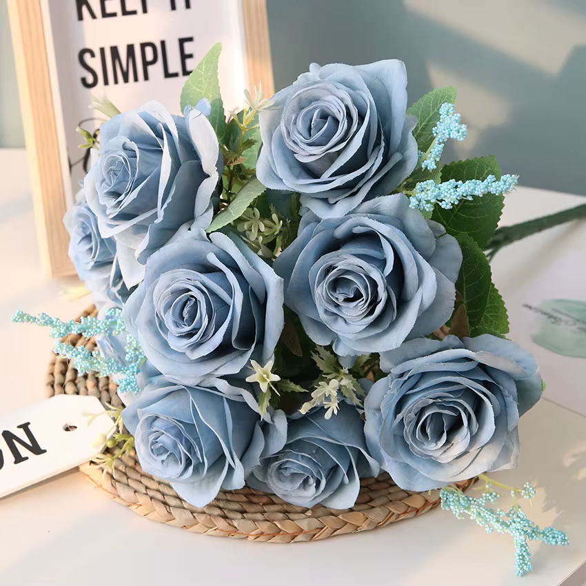 Roses bleues artificielles fleurs soie Rose Bouquet