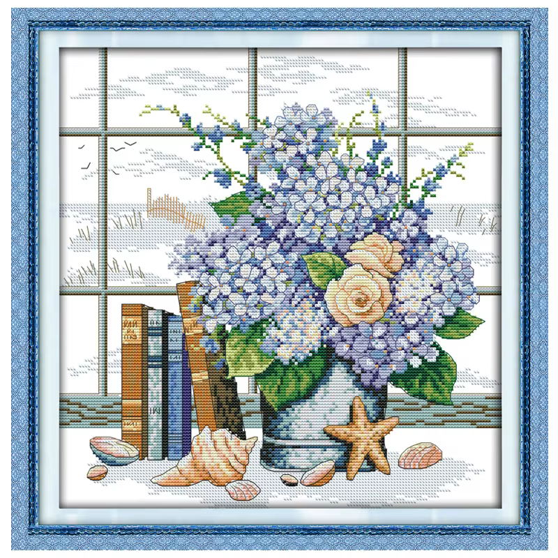 Ensemble de points de croix comptés à motifs de fleurs bleues élégantes