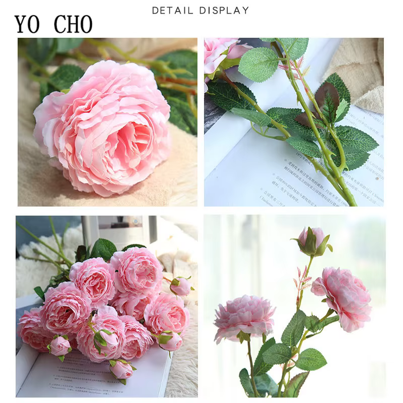 YO CHO Blanc Rose Pivoines Fleur Artificielle Bouquet De Fleurs En Soie 3 Têtes