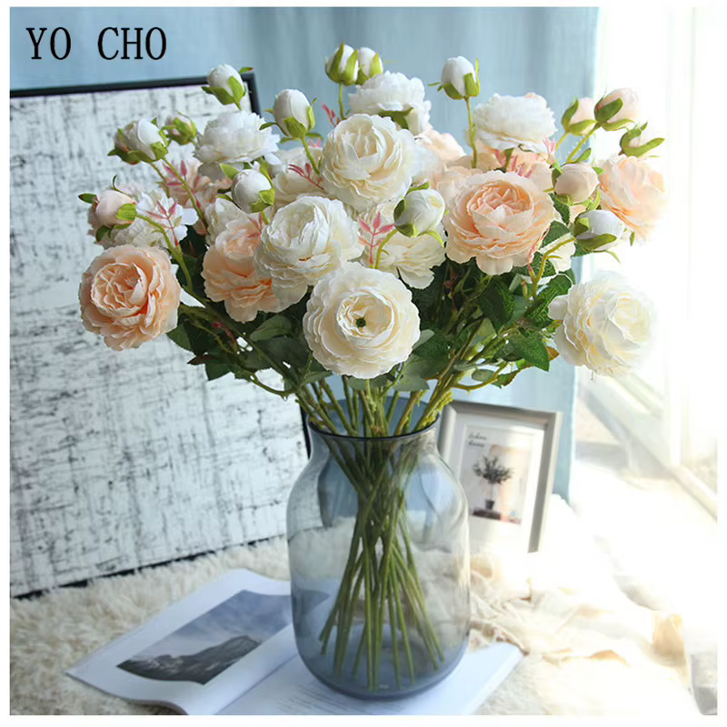 YO CHO Blanc Rose Pivoines Fleur Artificielle Bouquet De Fleurs En Soie 3 Têtes