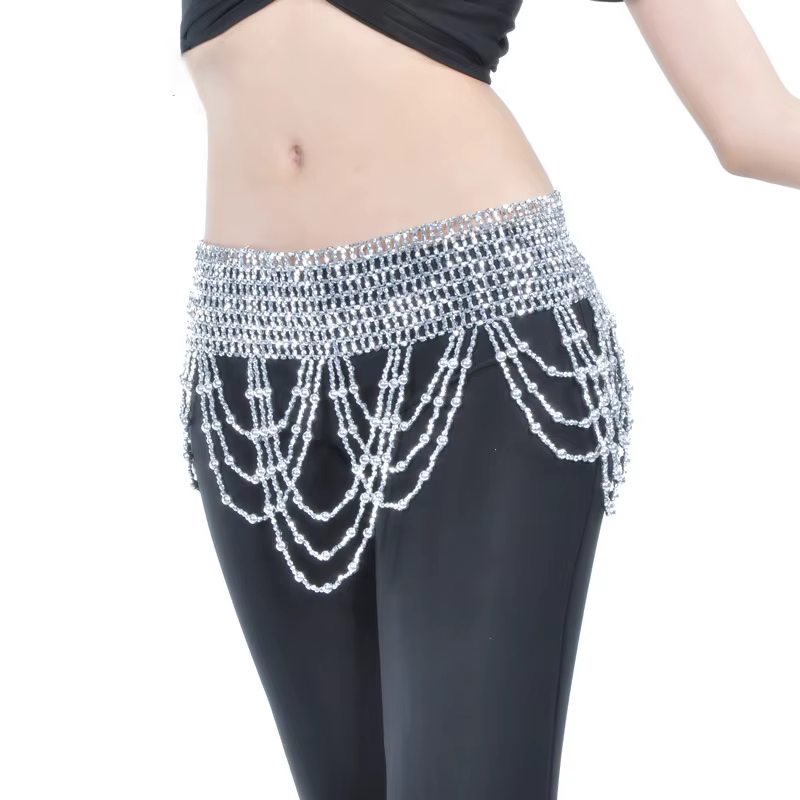 Accessoire de costume de danse du ventre : Chaîne de taille pour femme avec perles crochetées à la main et franges de danse