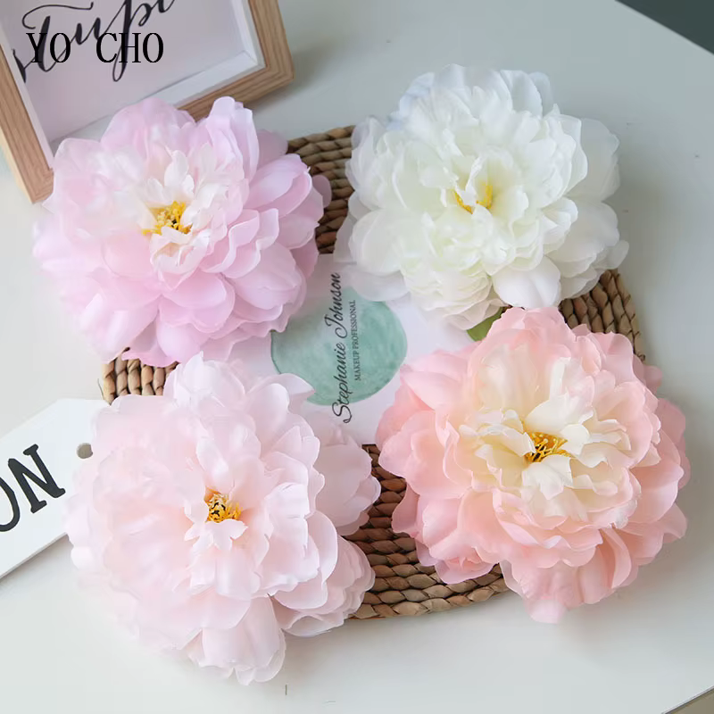YO CHO fleur artificielle grandes têtes de pivoine 15CM faux pivoines jaunes soie artisanat tissu