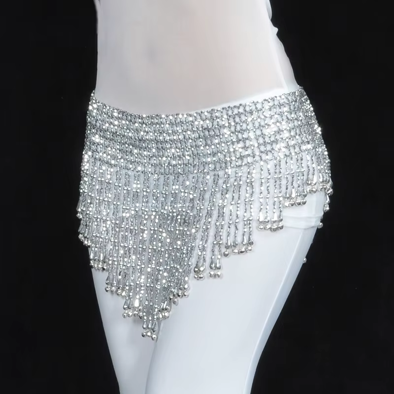 Accessoire de costume de danse du ventre : Chaîne de taille pour femme avec perles crochetées à la main et franges de danse