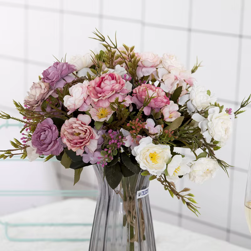 5 fourchettes (8 têtes) fleurs artificielles petit Bouquet de pivoines mariage saint valentin plantes couronnes Vases pour accessoires de décoration de la maison