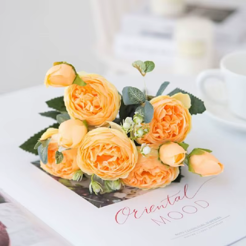 1 Bouquet de 9 Têtes de Fleurs Artificielles en Soie (Pivoine