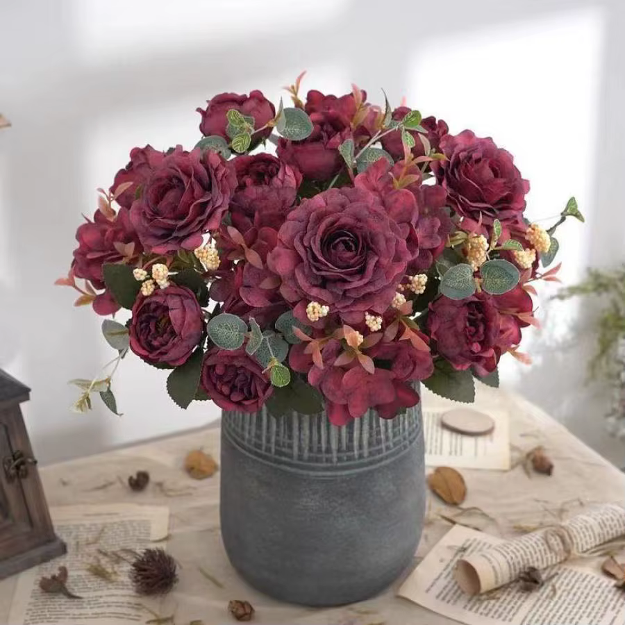 Bouquet de roses artificielles rétro en soie