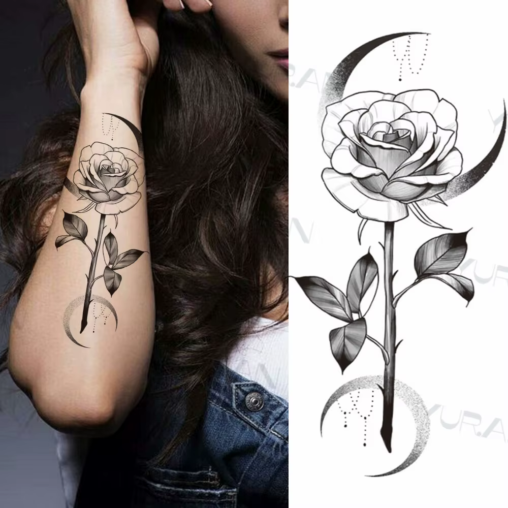 Tatouages temporaires Sexy fleur noire papillon pour femmes cuisses hommes fausse lune Rose boussole faux tatouages avant-bras autocollants de tatouage