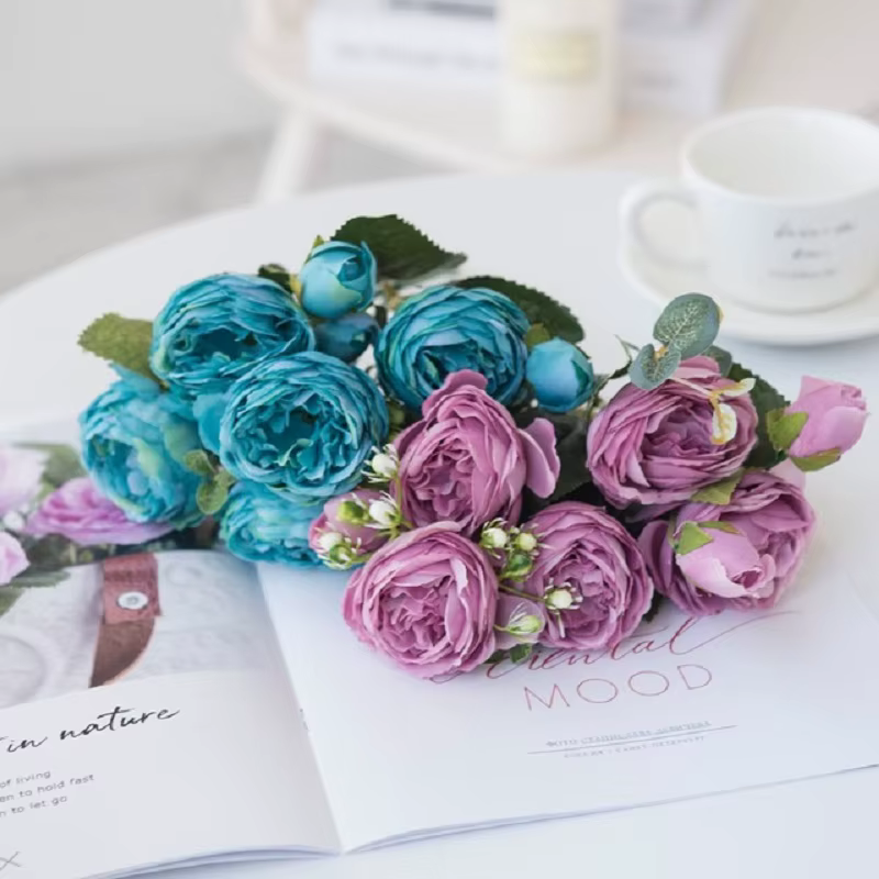 1 Bouquet de 9 Têtes de Fleurs Artificielles en Soie (Pivoine