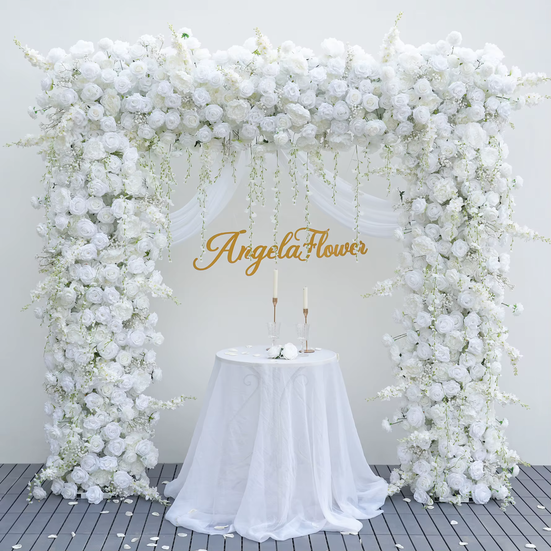 A8873 blanc Delphinium suspendu glycine florale arrangements artificiels toile de fond de mariage décoration fleur arc pour la cérémonie
