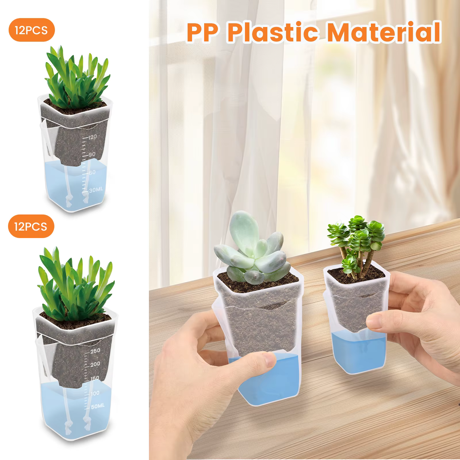 12 pots de plantes auto-arrosants transparents à double couche en plastique avec trous de drainage et corde en coton
