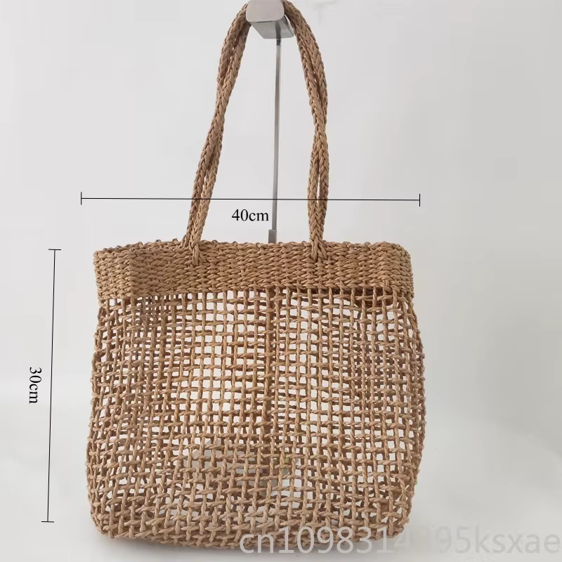 Sac à bandoulière pour femme, sac de plage spacieux en raphia tressé, maille ajourée, style vintage bohème minimaliste pour les vacances