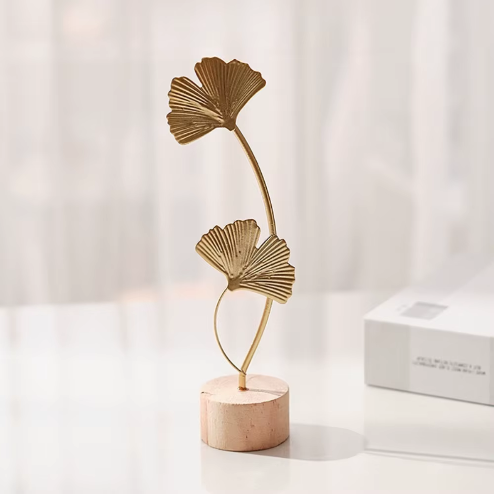 Feuille de Ginkgo métallique dorée, modèle de plume, ornement artisanal de bureau, accessoire Photo, décoration de salon de maison